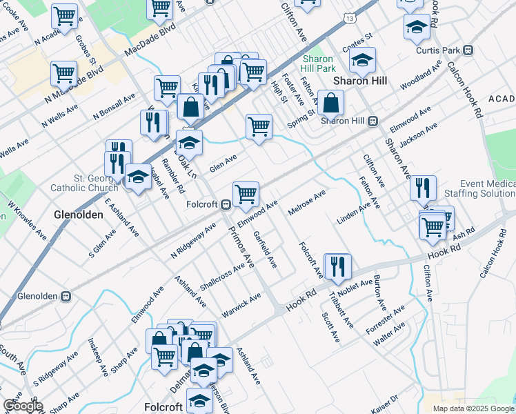 map of restaurants, bars, coffee shops, grocery stores, and more near 1521 Elmwood Avenue in Folcroft