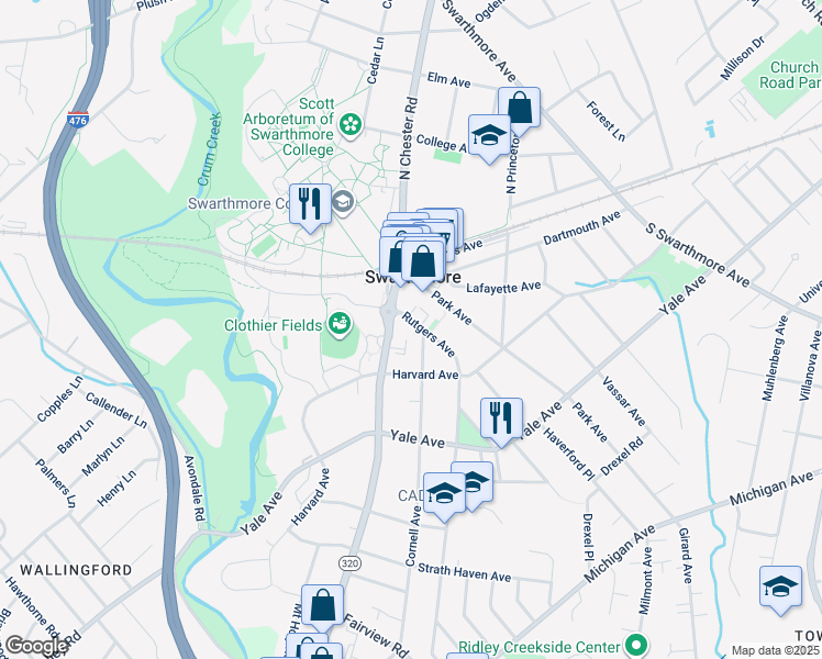 map of restaurants, bars, coffee shops, grocery stores, and more near 100 Rutgers Avenue in Swarthmore
