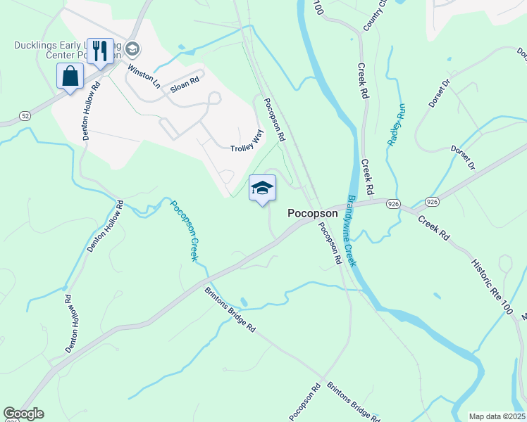 map of restaurants, bars, coffee shops, grocery stores, and more near 1105 Pocopson Road in West Chester