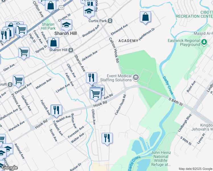 map of restaurants, bars, coffee shops, grocery stores, and more near 926 Barker Road in Sharon Hill