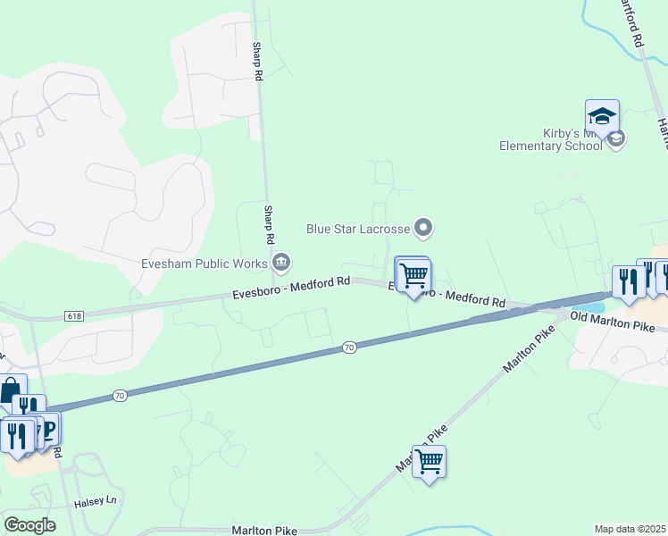 map of restaurants, bars, coffee shops, grocery stores, and more near 19 Medford Evesboro Road in Medford