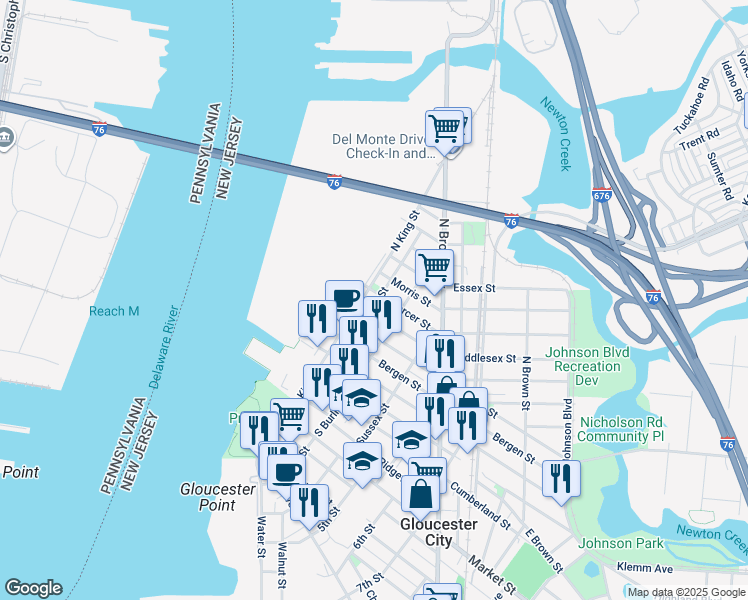 map of restaurants, bars, coffee shops, grocery stores, and more near 219 Middlesex Street in Gloucester City