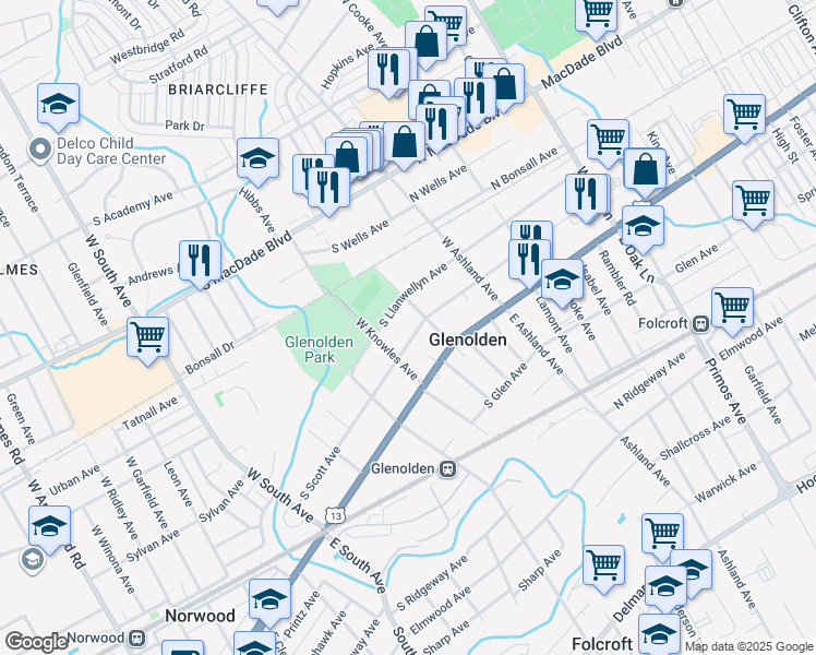 map of restaurants, bars, coffee shops, grocery stores, and more near 119 South Scott Avenue in Glenolden