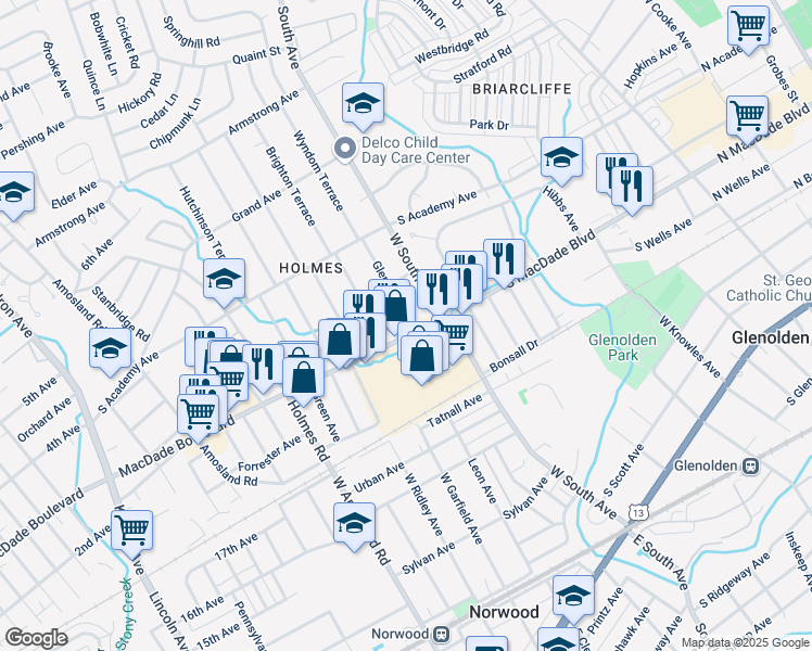 map of restaurants, bars, coffee shops, grocery stores, and more near 2600 MacDade Boulevard in Holmes