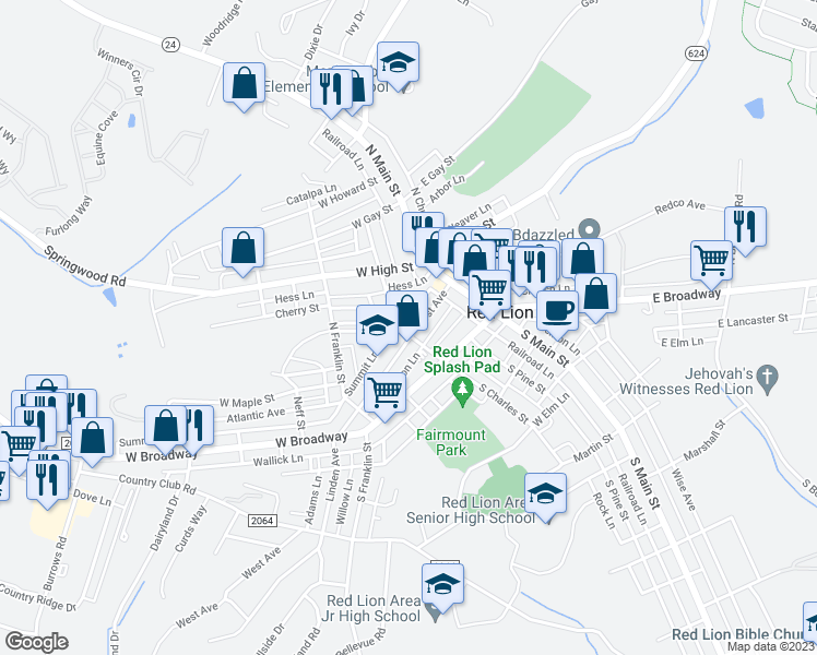 map of restaurants, bars, coffee shops, grocery stores, and more near in Red Lion