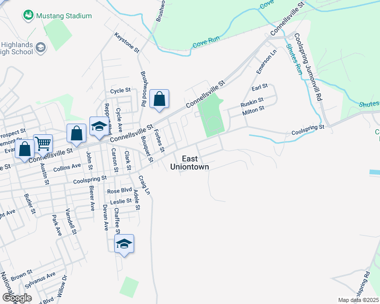 map of restaurants, bars, coffee shops, grocery stores, and more near 513 Johnston Avenue in Uniontown