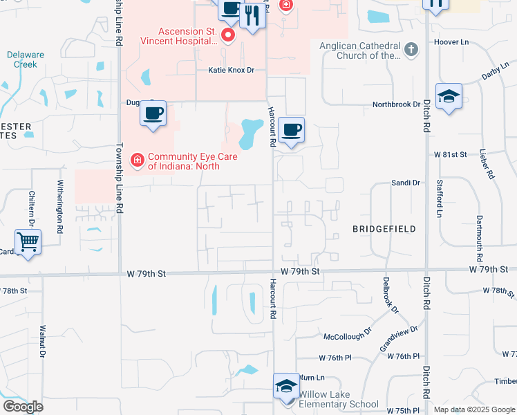 map of restaurants, bars, coffee shops, grocery stores, and more near 8002 Harcourt Road in Indianapolis