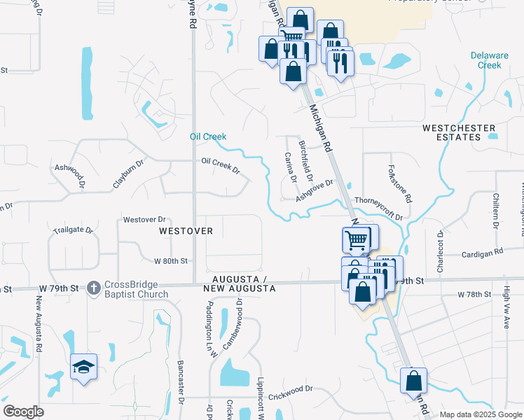 map of restaurants, bars, coffee shops, grocery stores, and more near 8020 North Branch Creek Way in Indianapolis
