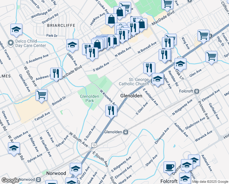 map of restaurants, bars, coffee shops, grocery stores, and more near 112 South Scott Avenue in Glenolden