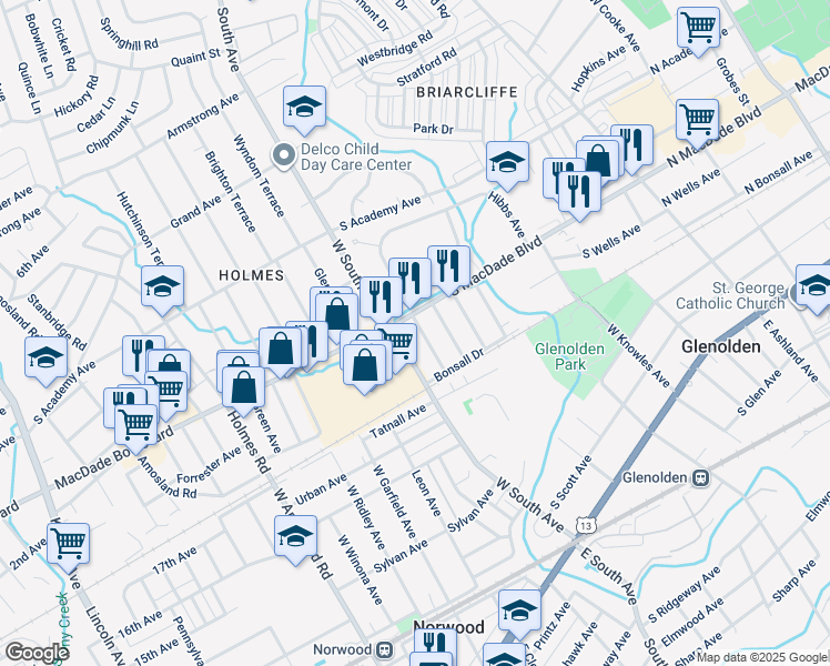map of restaurants, bars, coffee shops, grocery stores, and more near 420 Benson Avenue in Glenolden