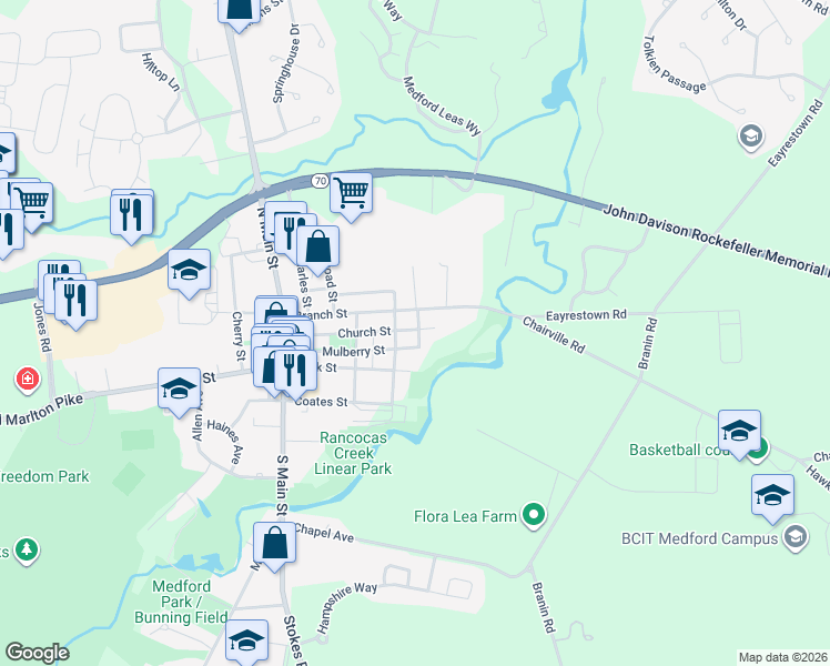 map of restaurants, bars, coffee shops, grocery stores, and more near 8 North Street in Medford