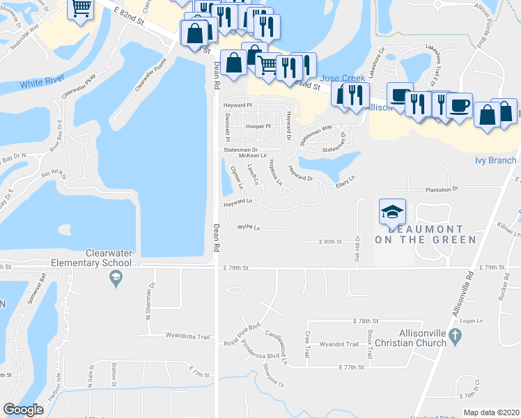 map of restaurants, bars, coffee shops, grocery stores, and more near 4219 Heyward Lane in Indianapolis