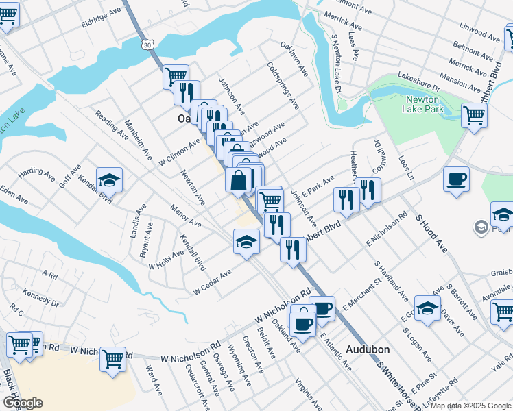map of restaurants, bars, coffee shops, grocery stores, and more near 923 White Horse Pike in Oaklyn