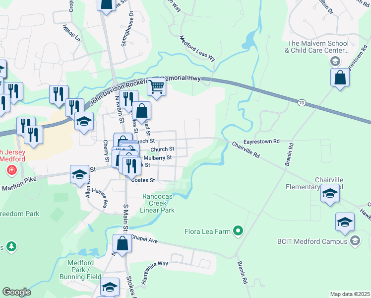 map of restaurants, bars, coffee shops, grocery stores, and more near 8 North Street in Medford