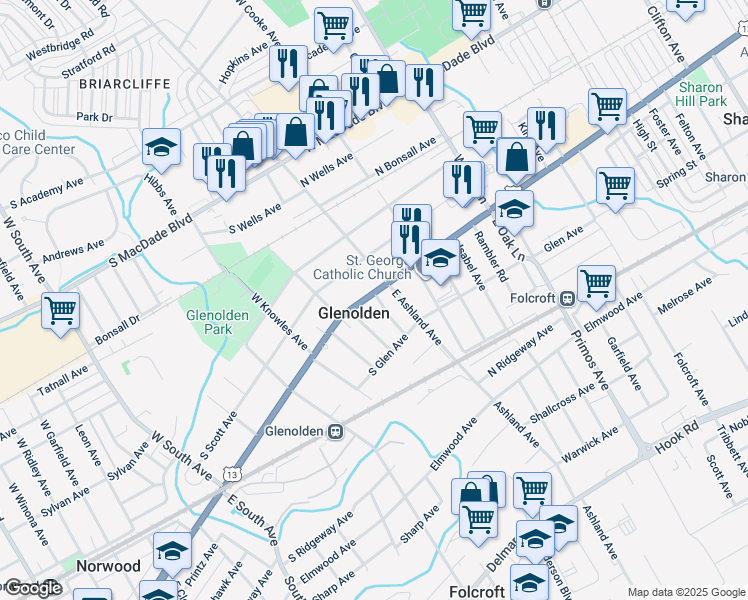 map of restaurants, bars, coffee shops, grocery stores, and more near 19 South Chester Pike in Glenolden