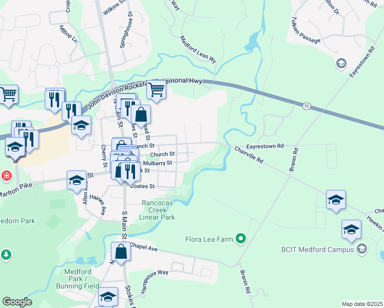 map of restaurants, bars, coffee shops, grocery stores, and more near 71 Mulberry Street in Medford