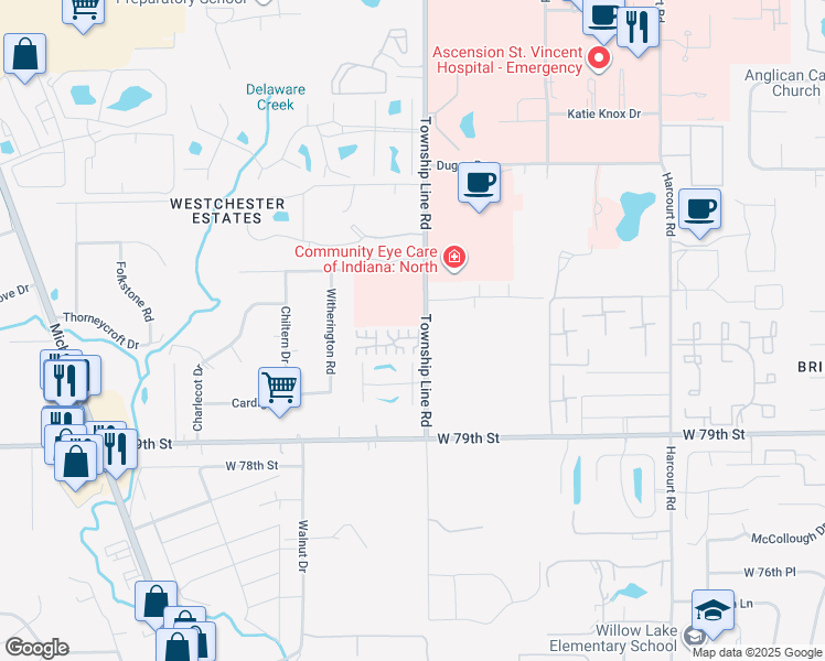 map of restaurants, bars, coffee shops, grocery stores, and more near 2433 Hideaway South Drive in Indianapolis