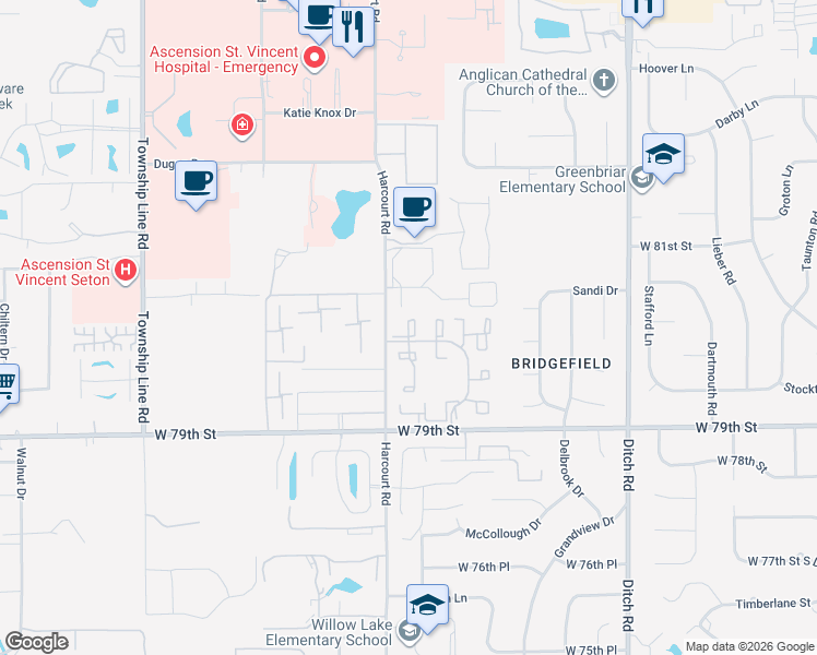 map of restaurants, bars, coffee shops, grocery stores, and more near 8022 Welchwood Drive in Indianapolis