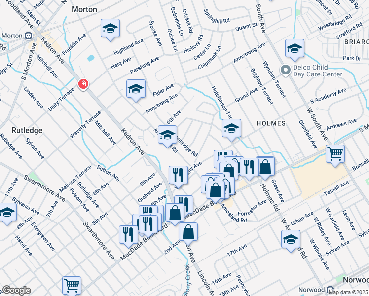 map of restaurants, bars, coffee shops, grocery stores, and more near 527 Stanbridge Road in Morton
