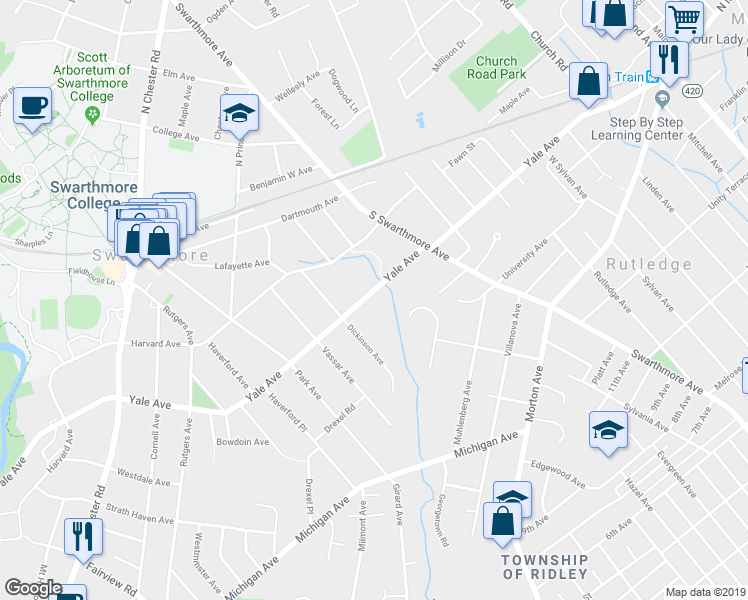 map of restaurants, bars, coffee shops, grocery stores, and more near 108 Yale Avenue in Swarthmore
