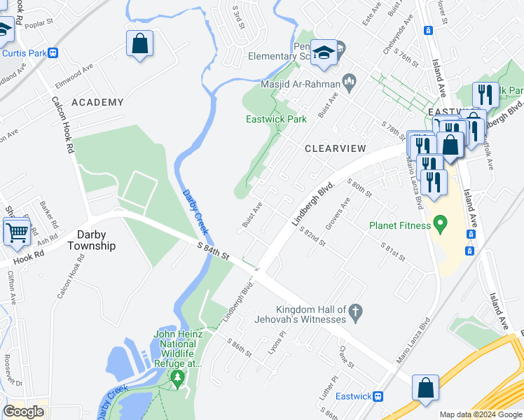 map of restaurants, bars, coffee shops, grocery stores, and more near 8206 Buist Avenue in Philadelphia