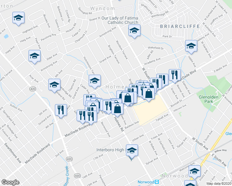 map of restaurants, bars, coffee shops, grocery stores, and more near 341 Lawnton Terrace in Holmes