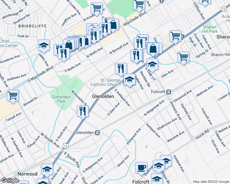 map of restaurants, bars, coffee shops, grocery stores, and more near 4 Stuart Avenue in Glenolden