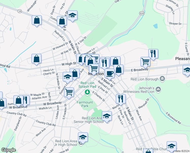 map of restaurants, bars, coffee shops, grocery stores, and more near 34 West Broadway in Red Lion
