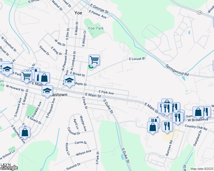 map of restaurants, bars, coffee shops, grocery stores, and more near 514 East Maple Street in Dallastown