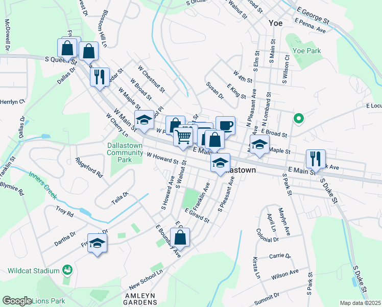 map of restaurants, bars, coffee shops, grocery stores, and more near 21 East Howard Street in Dallastown