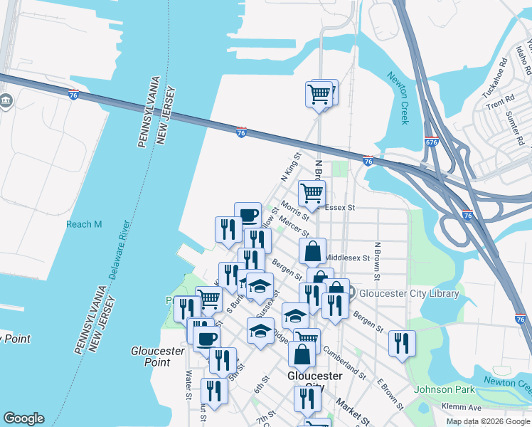 map of restaurants, bars, coffee shops, grocery stores, and more near 219 Middlesex Street in Gloucester City