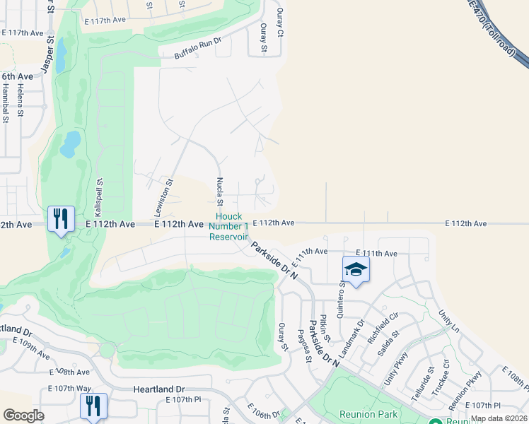 map of restaurants, bars, coffee shops, grocery stores, and more near 16836-17572 East 112th Avenue in Commerce City