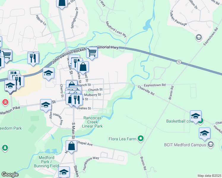map of restaurants, bars, coffee shops, grocery stores, and more near 78 Church Street in Medford
