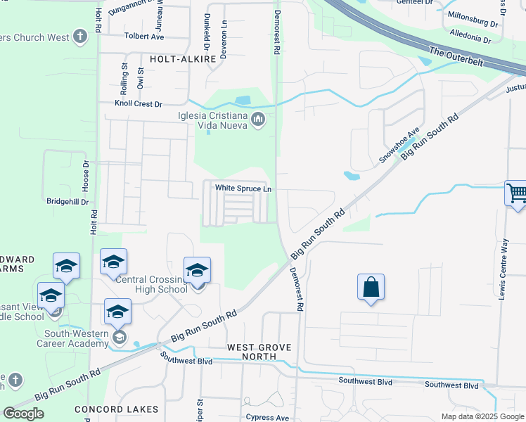 map of restaurants, bars, coffee shops, grocery stores, and more near 2553 Silver Fir Lane in Grove City