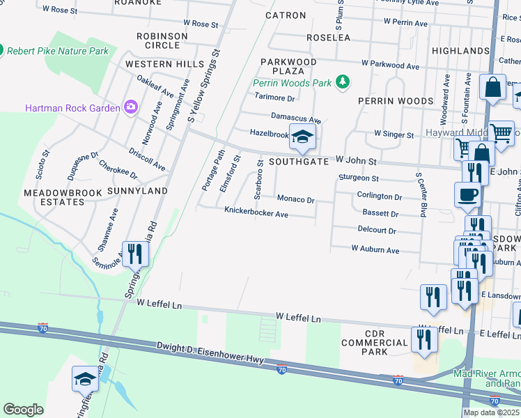 map of restaurants, bars, coffee shops, grocery stores, and more near 612 Knickerbocker Avenue in Springfield