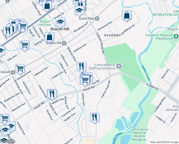 map of restaurants, bars, coffee shops, grocery stores, and more near 908 Burnside Road in Sharon Hill