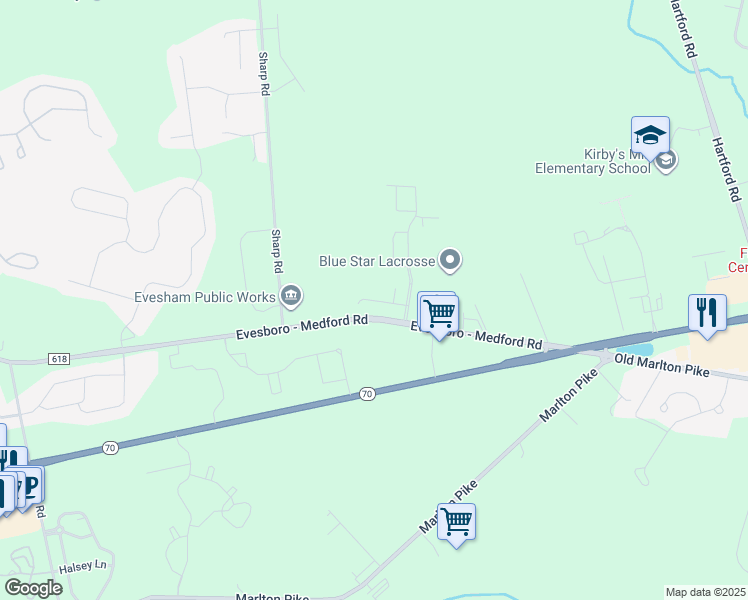 map of restaurants, bars, coffee shops, grocery stores, and more near 13 Medford Evesboro Road in Medford