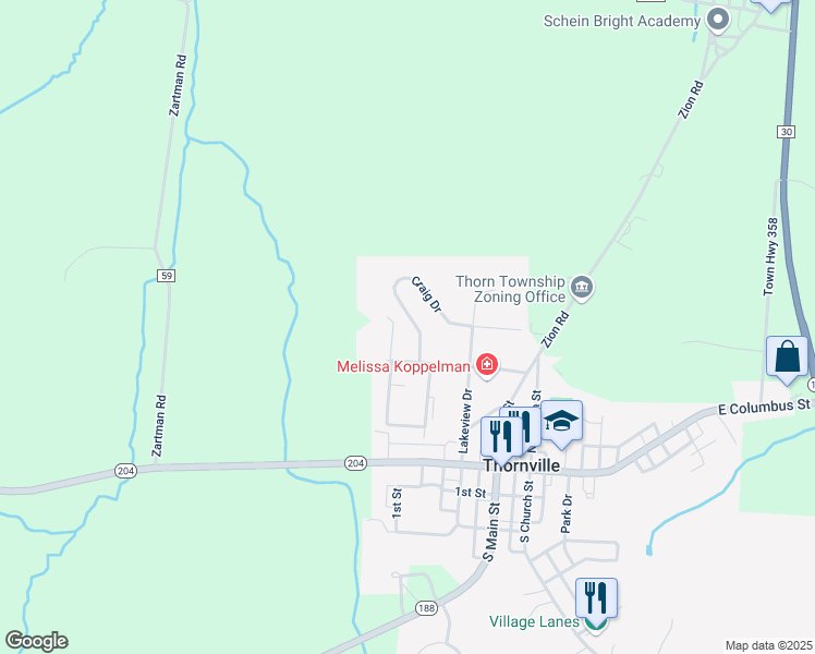map of restaurants, bars, coffee shops, grocery stores, and more near 98 Foster Drive in Thornville