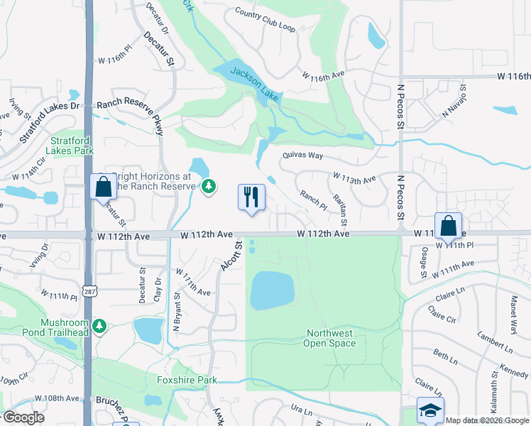 map of restaurants, bars, coffee shops, grocery stores, and more near 2345 West 112th Avenue in Westminster