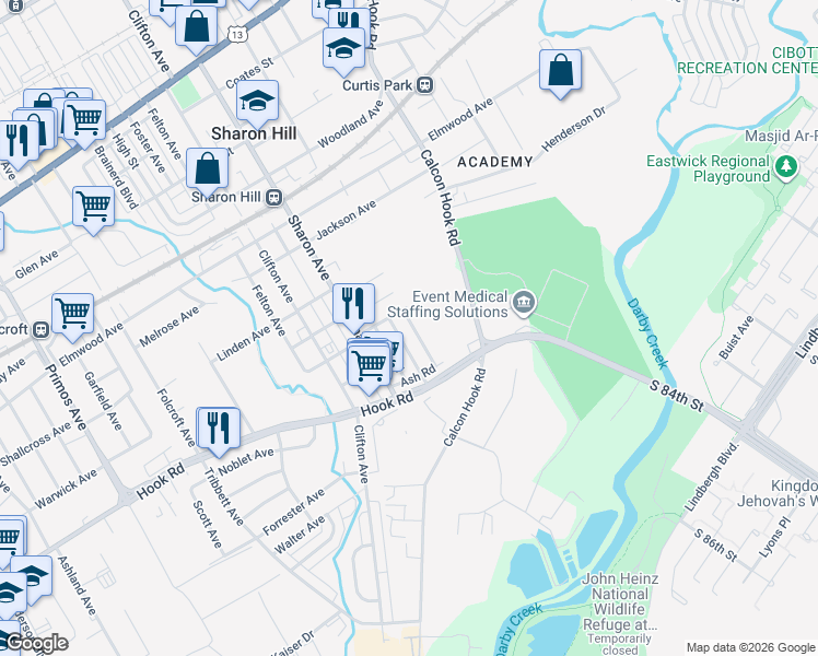 map of restaurants, bars, coffee shops, grocery stores, and more near 1009 Burnside Road in Sharon Hill