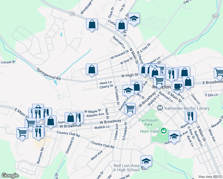 map of restaurants, bars, coffee shops, grocery stores, and more near 252 North Franklin Street in Red Lion