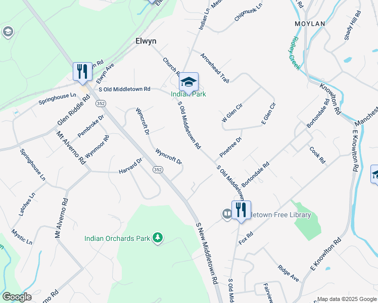 map of restaurants, bars, coffee shops, grocery stores, and more near 350 South Old Middletown Road in Media