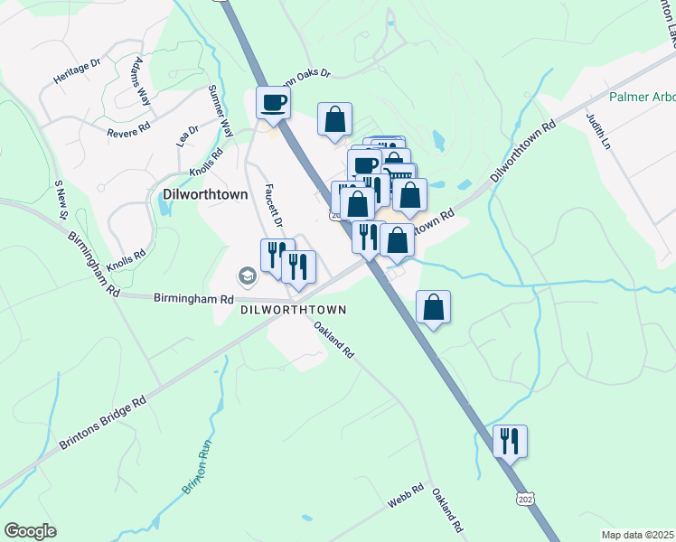 map of restaurants, bars, coffee shops, grocery stores, and more near 1385 Faucett Drive in West Chester