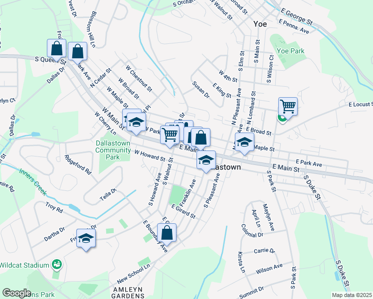 map of restaurants, bars, coffee shops, grocery stores, and more near 40 East Main Street in Dallastown