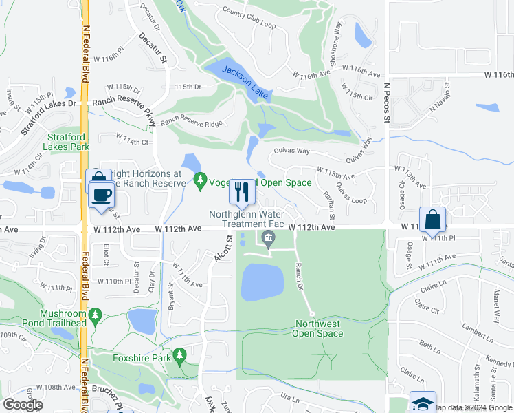 map of restaurants, bars, coffee shops, grocery stores, and more near 2300 Ranch Drive in Westminster