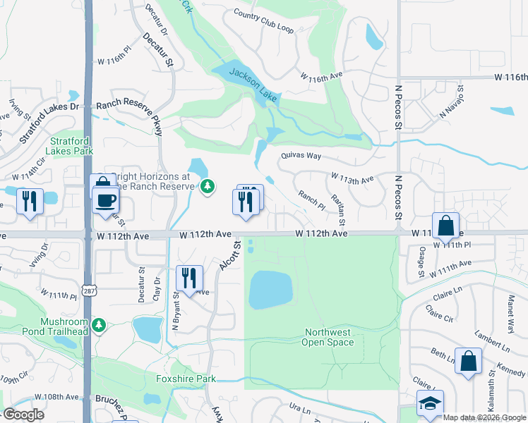 map of restaurants, bars, coffee shops, grocery stores, and more near 2345 West 112th Avenue in Westminster