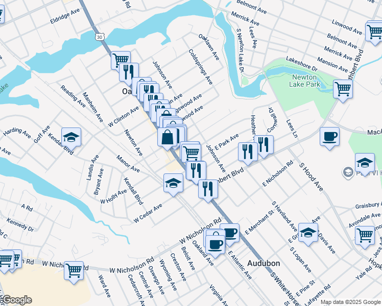 map of restaurants, bars, coffee shops, grocery stores, and more near 912 U.S. 30 in Oaklyn