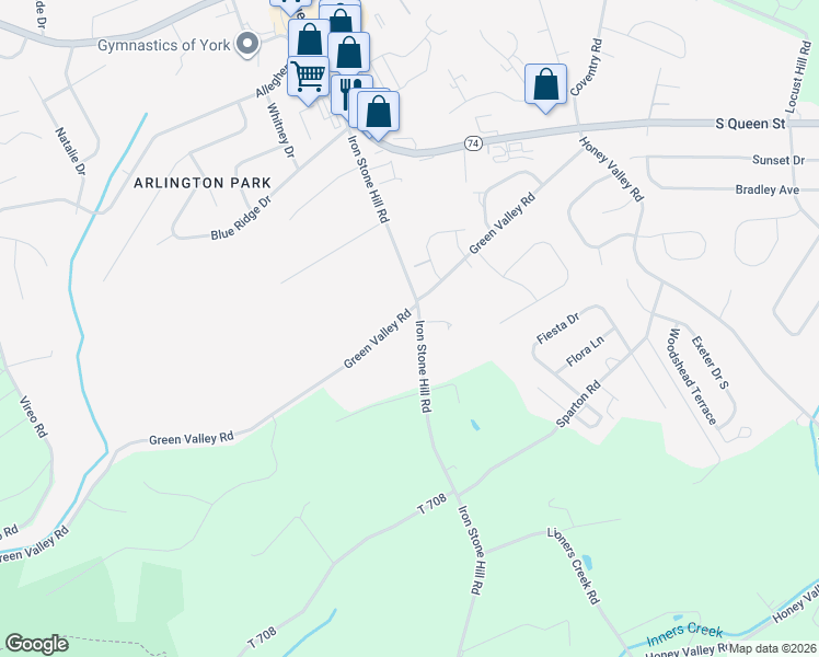 map of restaurants, bars, coffee shops, grocery stores, and more near 2840 Iron Stone Hill Road in York