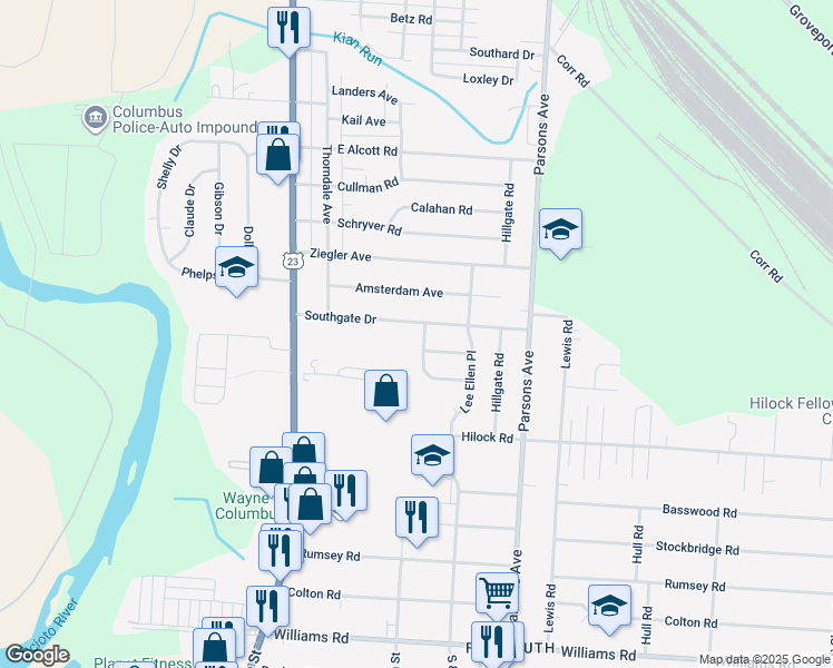 map of restaurants, bars, coffee shops, grocery stores, and more near 3033 Markham Road in Columbus