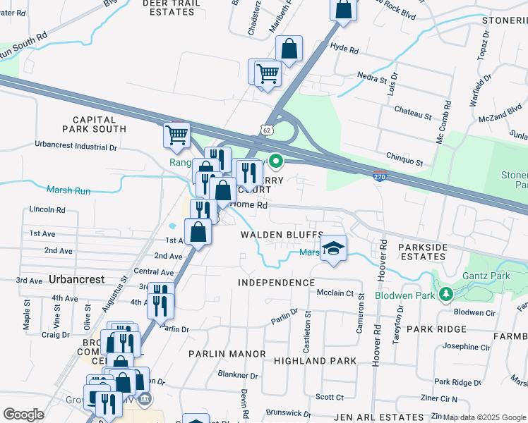 map of restaurants, bars, coffee shops, grocery stores, and more near 2701 Home Road in Grove City